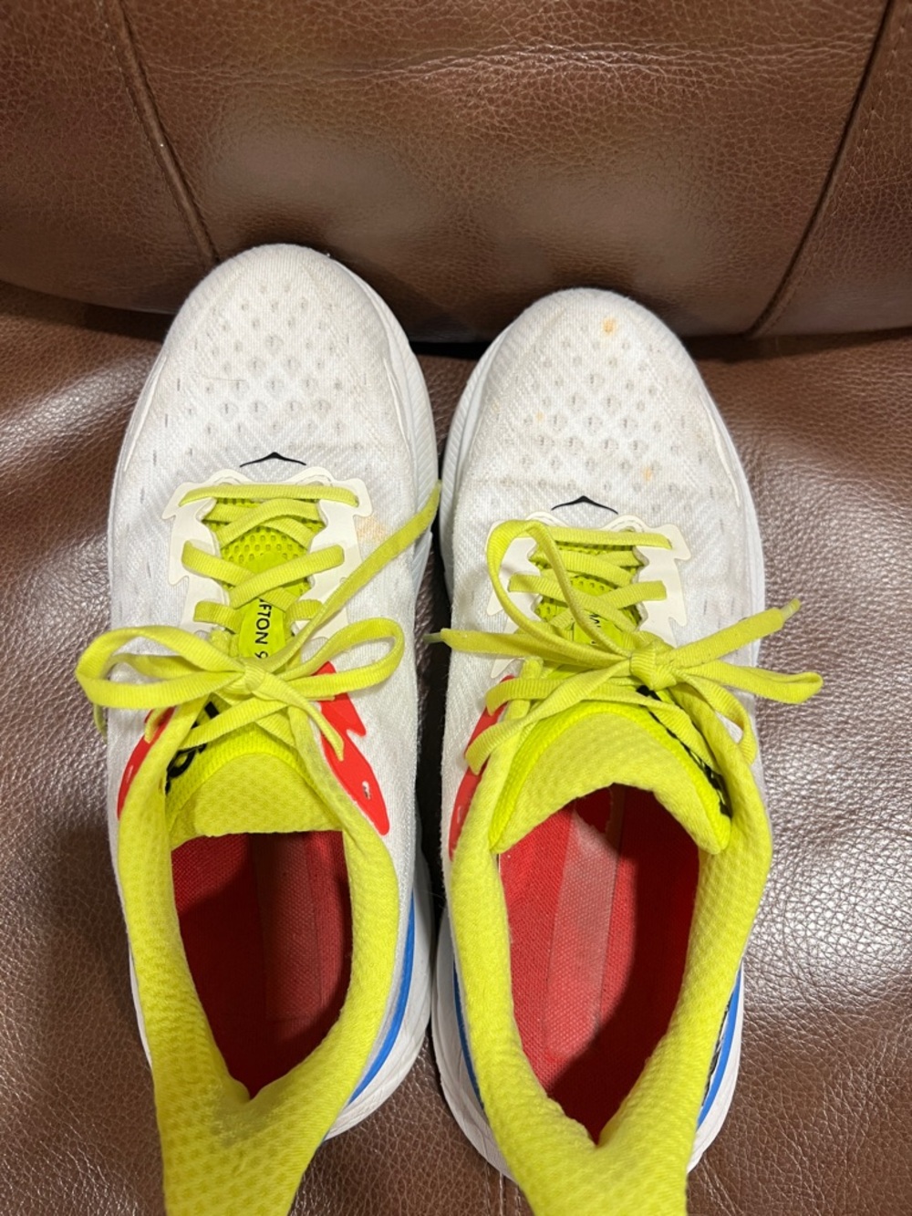 Hoka  Clifton White and Neon Yellow Mens Sneakers - Picture 12 of 15